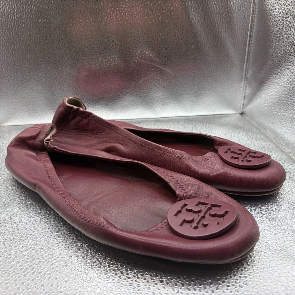 Size 11 M Tory Burch Minnie Burgundy Womens Leather Logo Travel Ballet‎ Flats